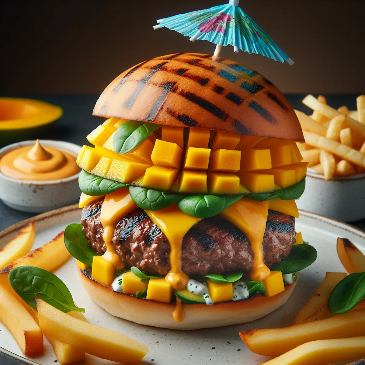 Exotic Delight: Tropical Mango Beef Burger - A Perfect Blend of Savory and Sweet!